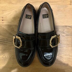 Louise et Cie Elixen Black Patent Loafers with Gold Buckle
